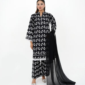 Black Printed Stitched 3-Piece Lawn Suit